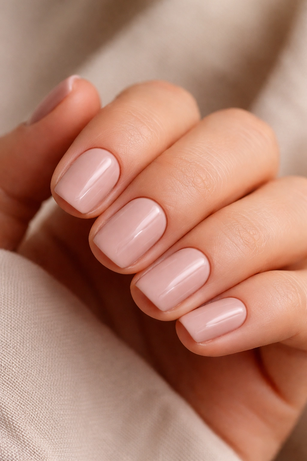 Close-up of short squoval nails in soft blush pink with muted warm tone