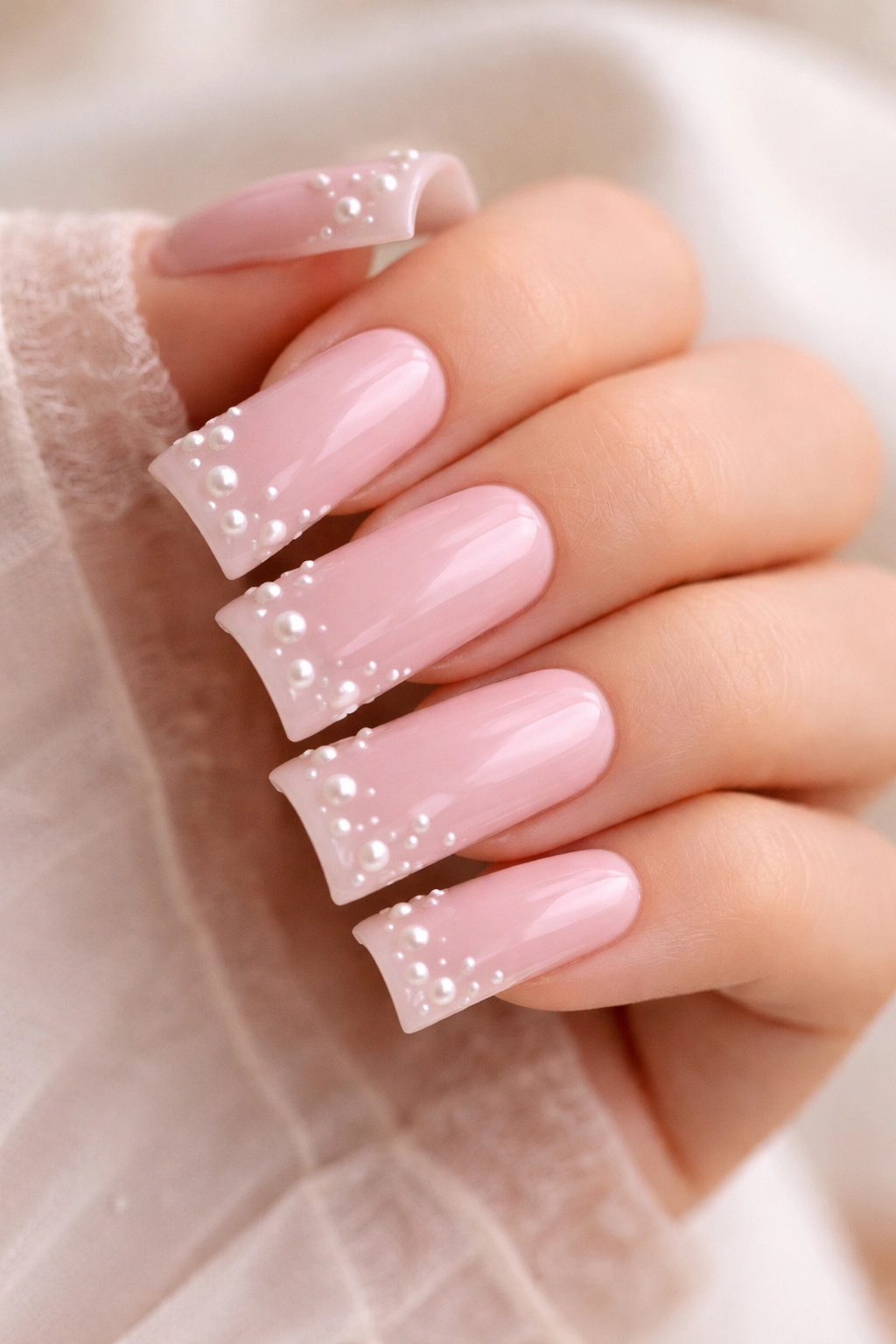 Close-up of blush pink duck nails with white pearl accents