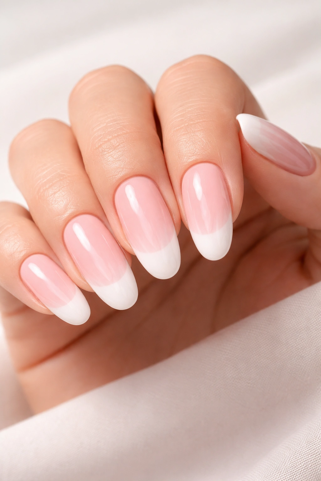 Close-up of long round acrylic nails with blush pink to white tip gradient