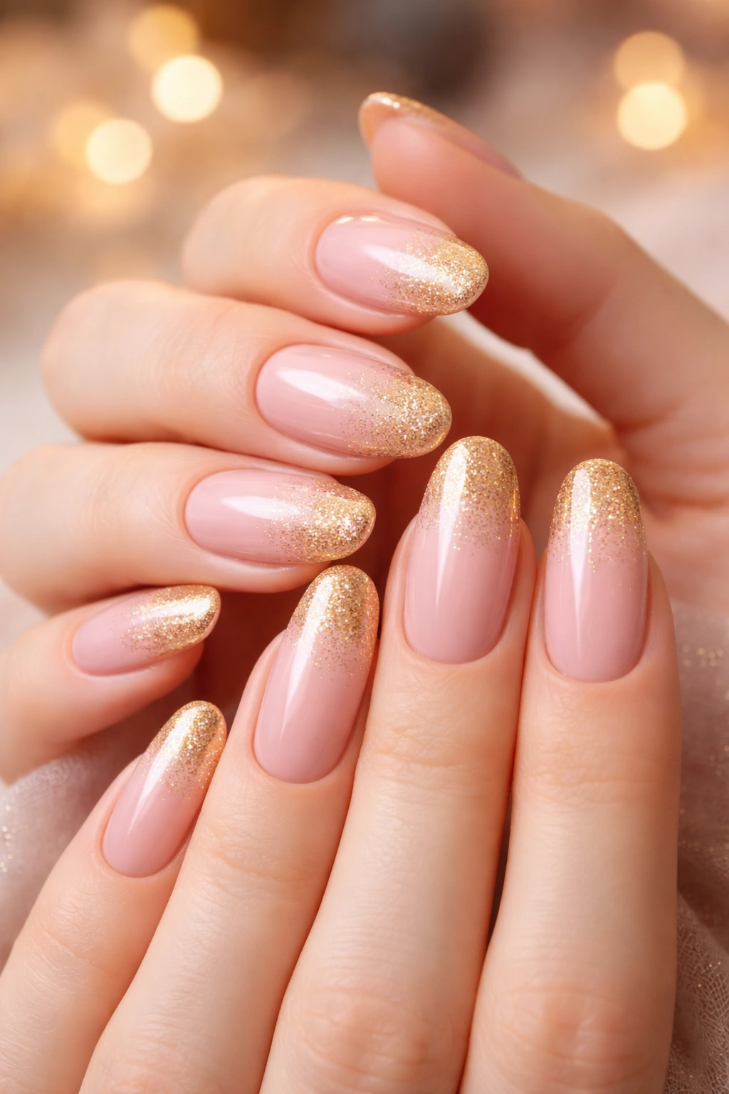 Close-up of blush pink nails with ombré gold tips on long ovals