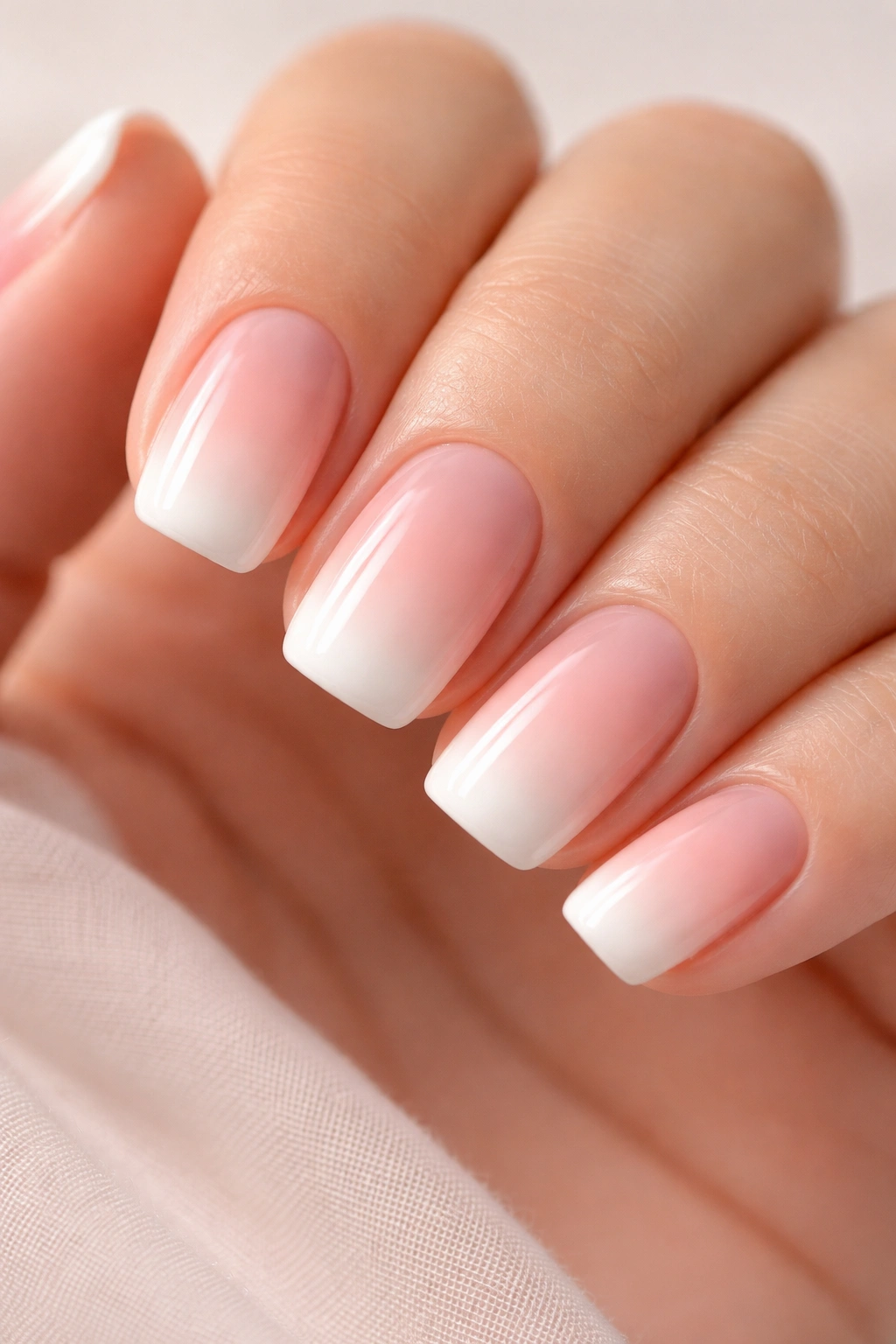 Close-up of short squoval nails with blush pink to white ombre on pale base