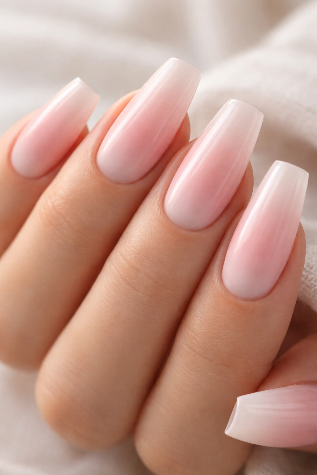 Close-up of blush pink ombré ballerina nails with a soft gradient