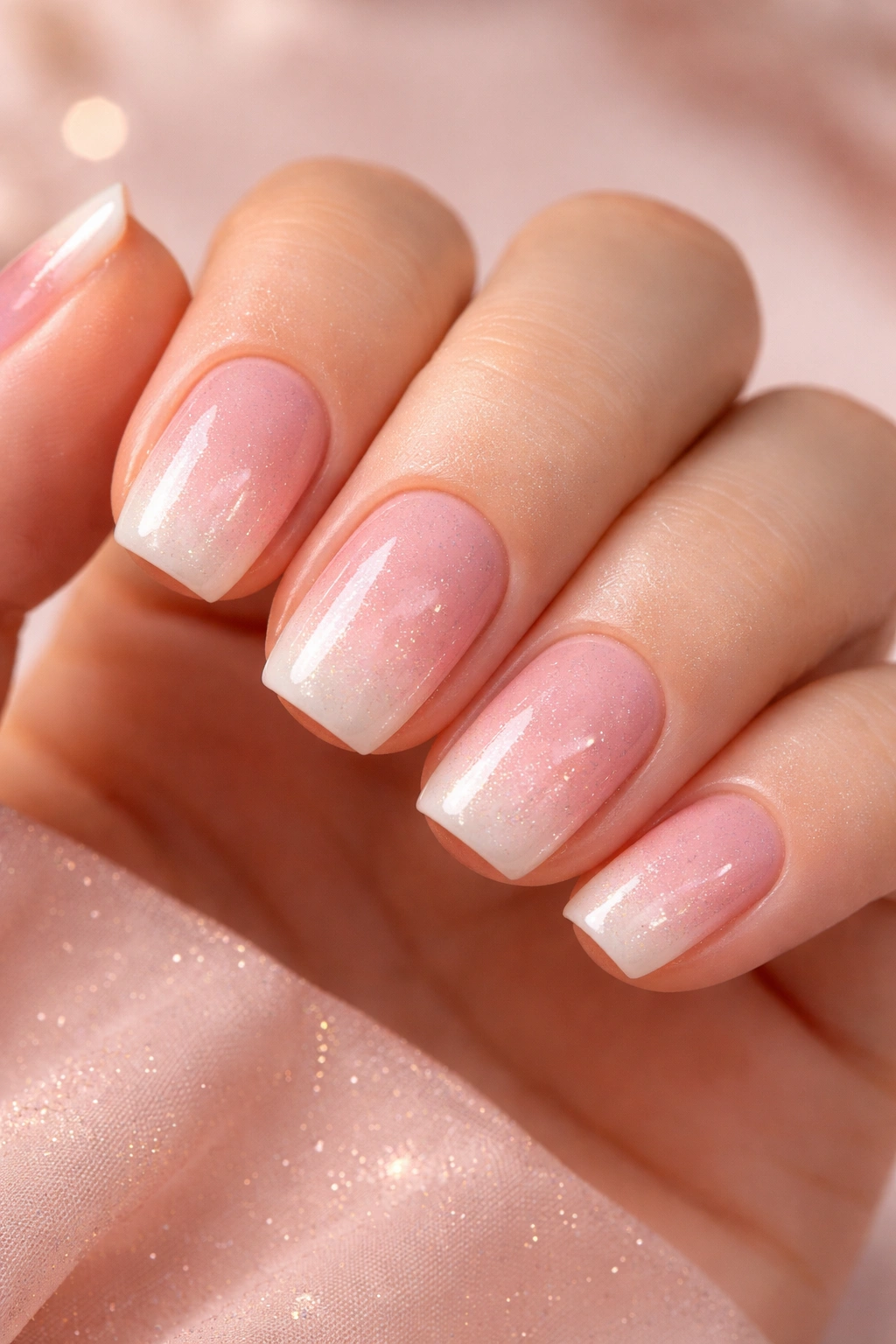 Close-up of blush pink ombre nails with shimmer on short squoval shape