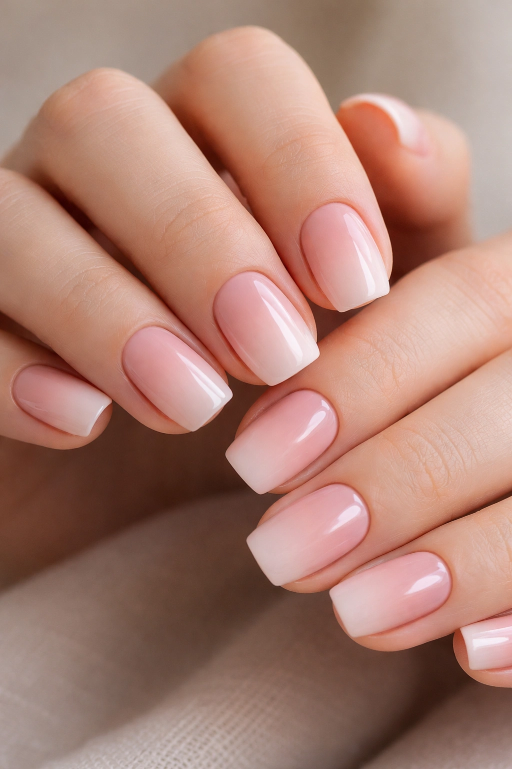 Close-up of blush pink ombré square-oval nails on hands