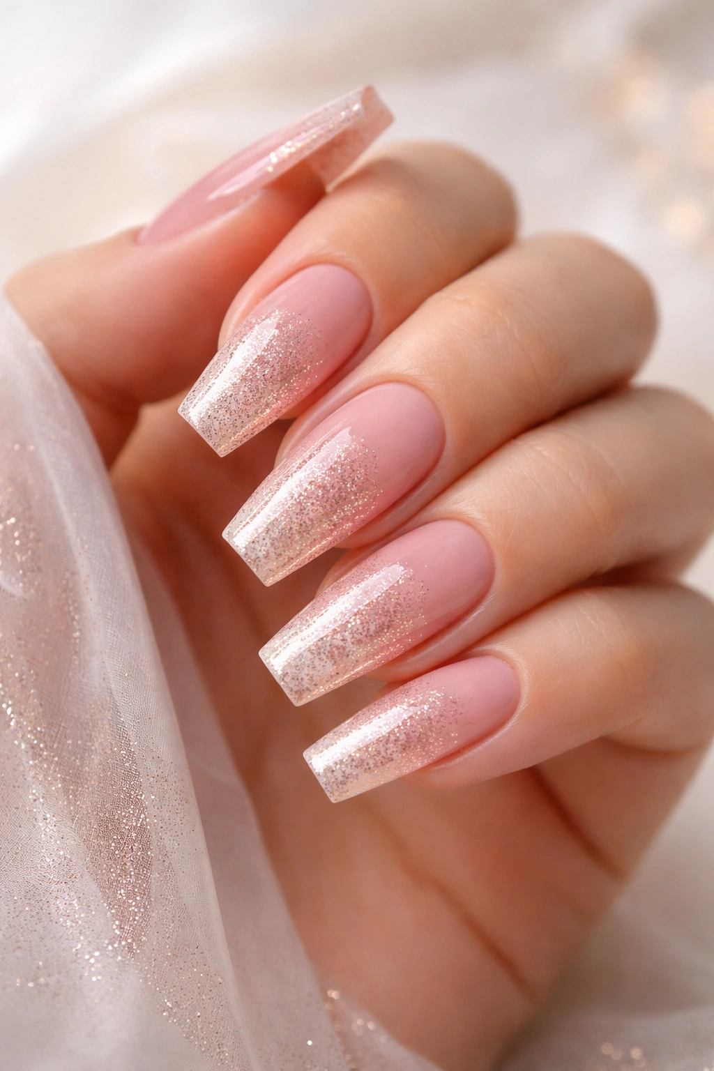 Close-up of blush pink ombre nails with rose gold dust