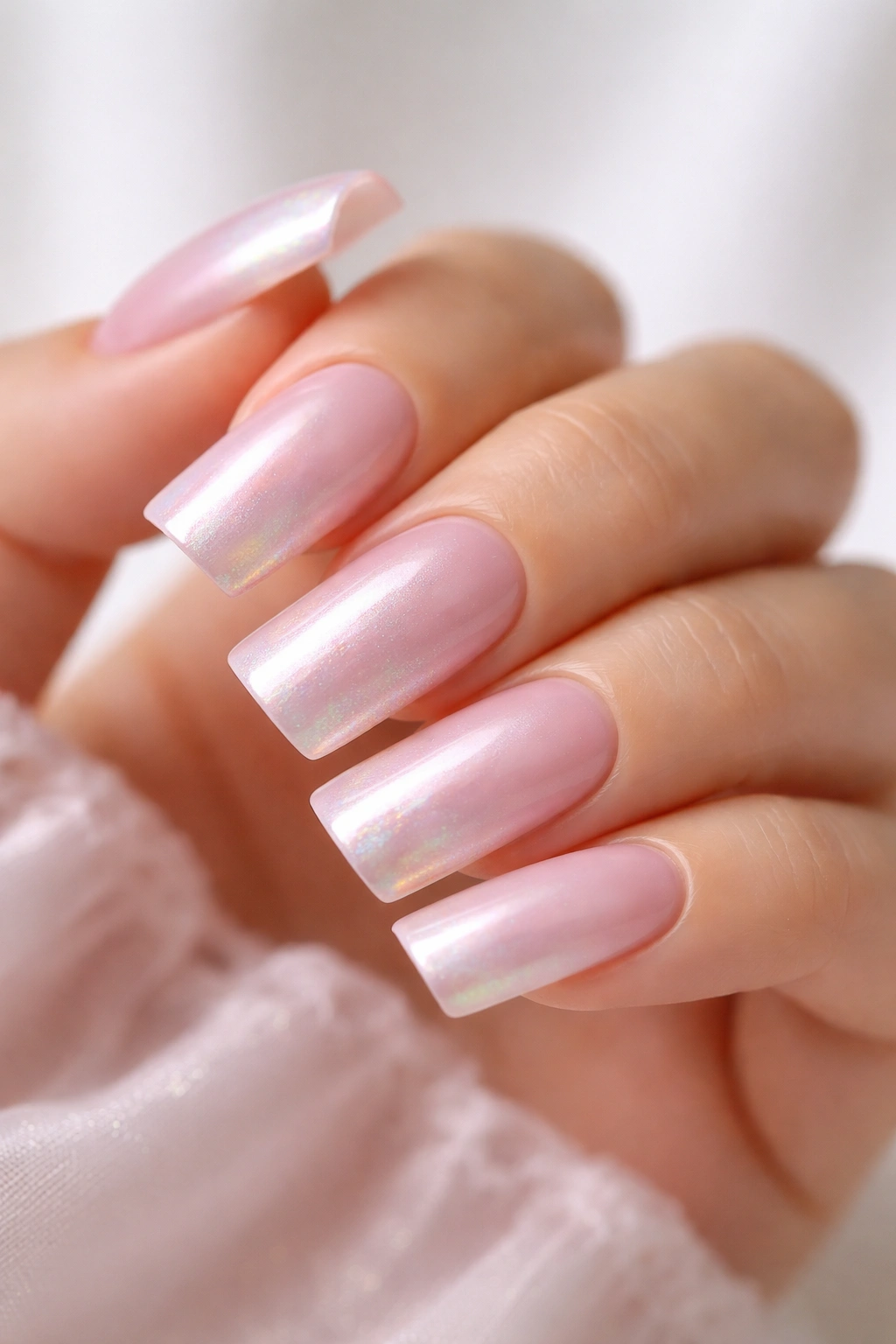 Close-up of medium duck nails in soft blush pink with pearlescent finish