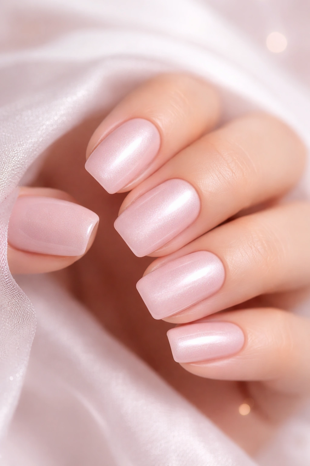 Close-up of blush pink squoval nails with pearlescent finish