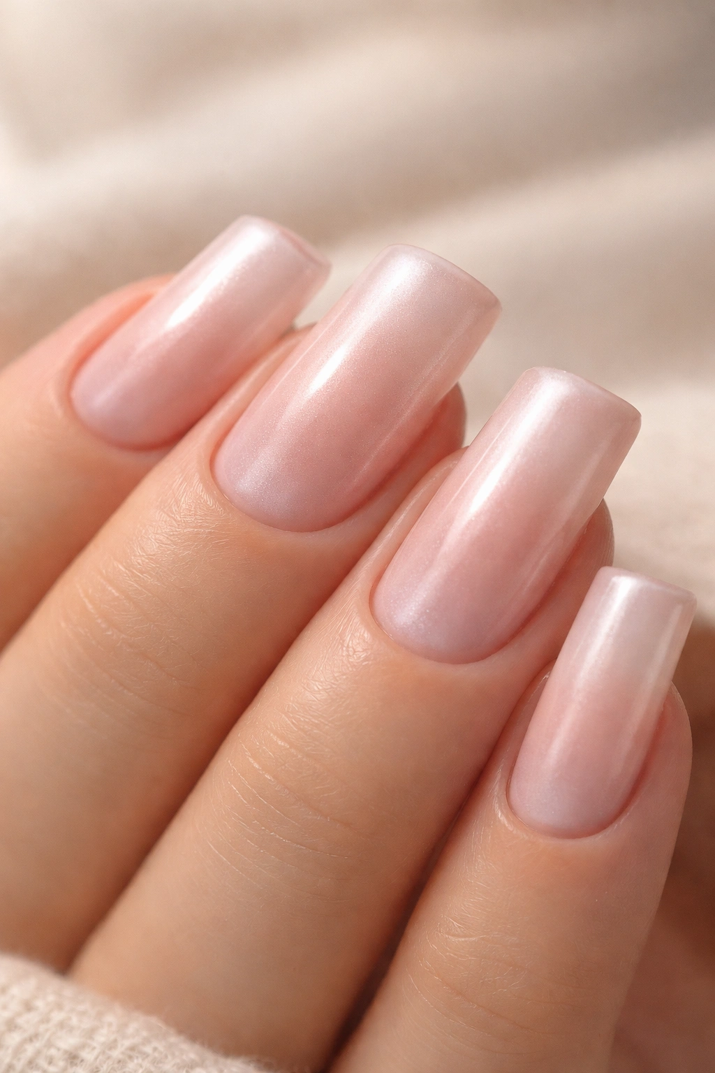 Soft blush pink duck nails with pearl finish.