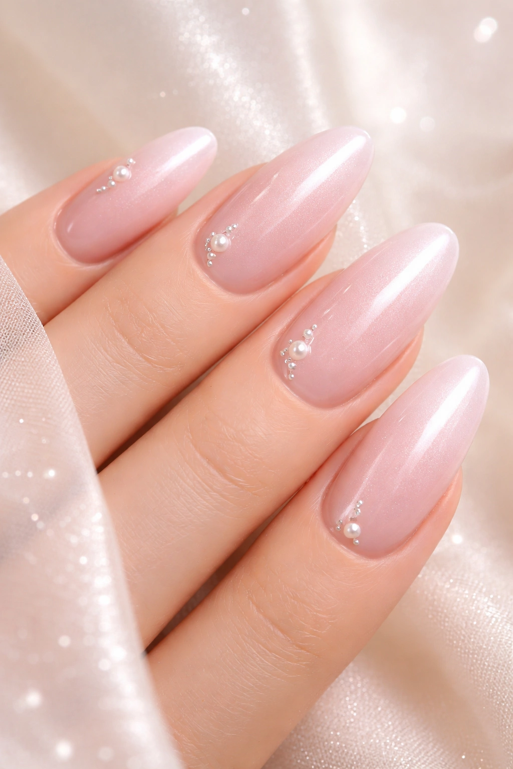 Blush pink nails with pearl accents catching light on a soft manicure.