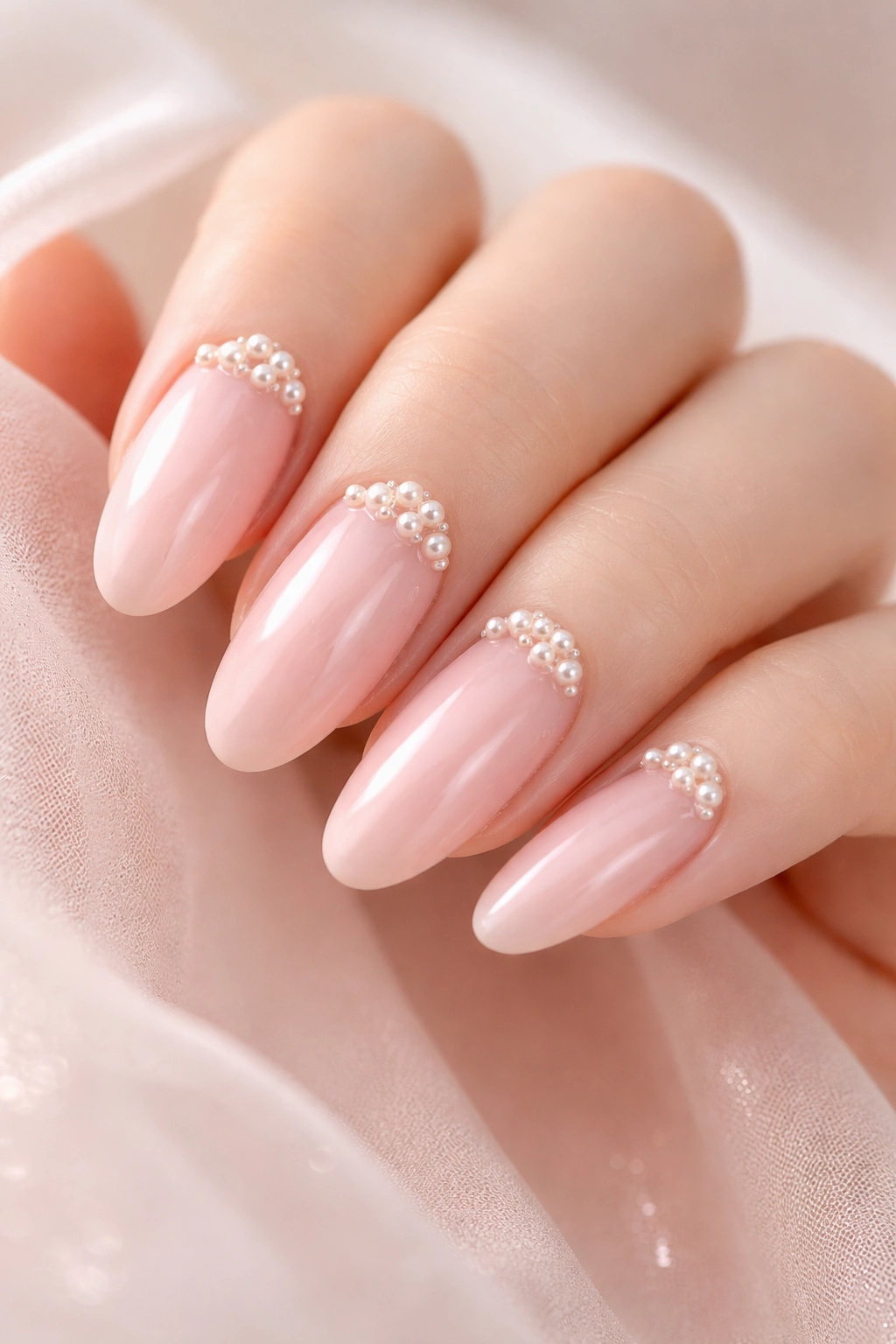 Close-up of blush pink nails with three-dimensional pearl accents on long oval nails