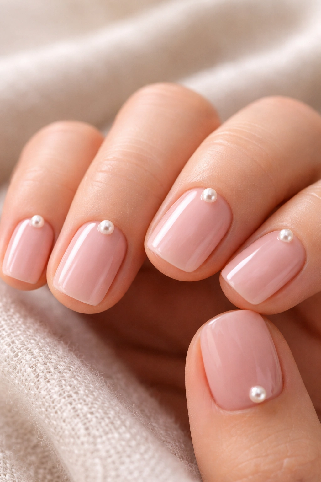 Close-up of blush pink nails with pearl accents