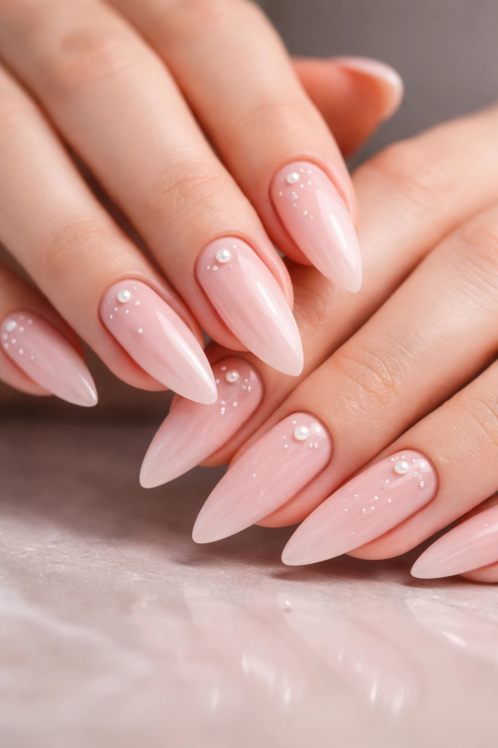 Close-up of soft blush pink stiletto nails with delicate pearl accents