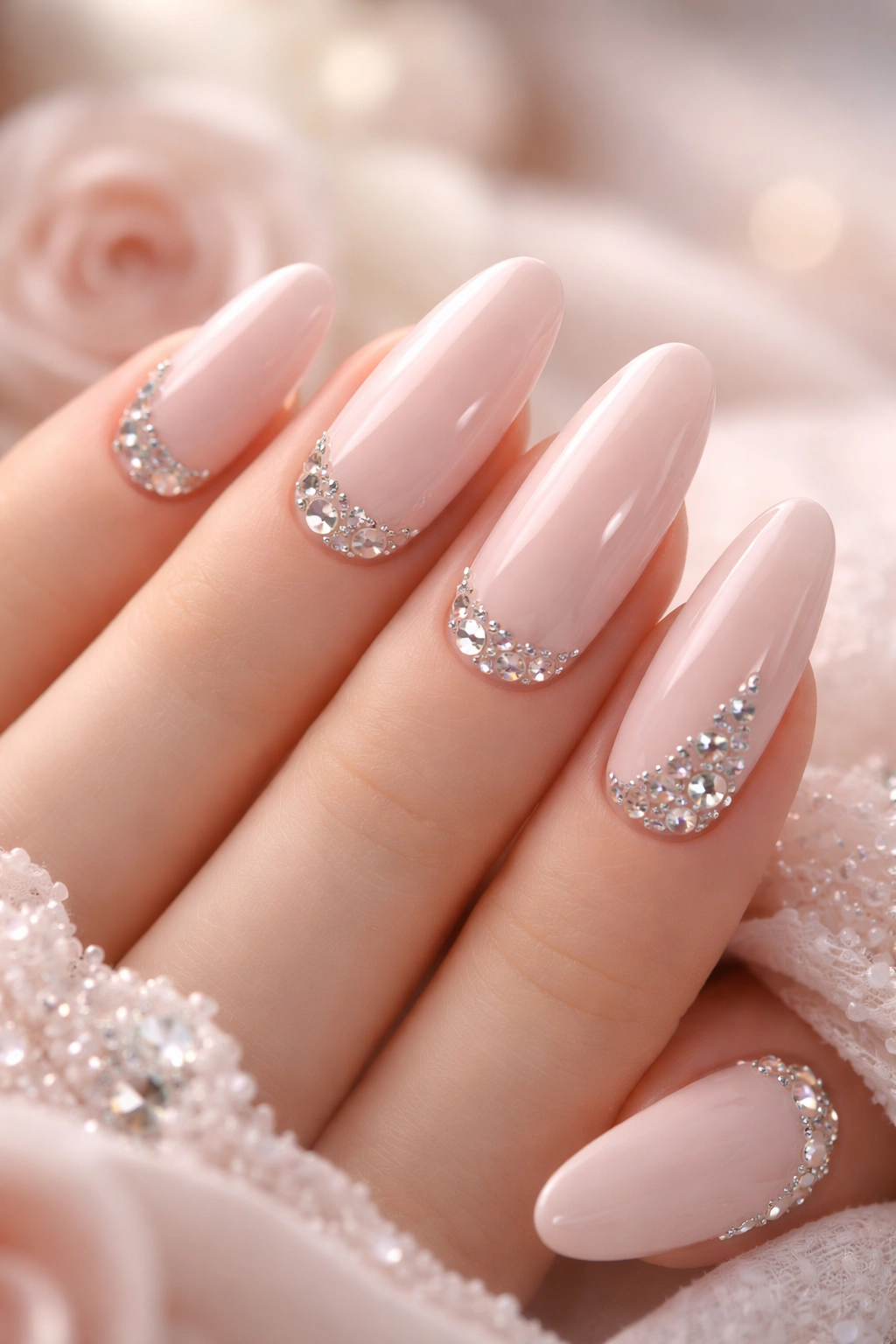 Close-up of blush pink long oval nails with rhinestones at tips.