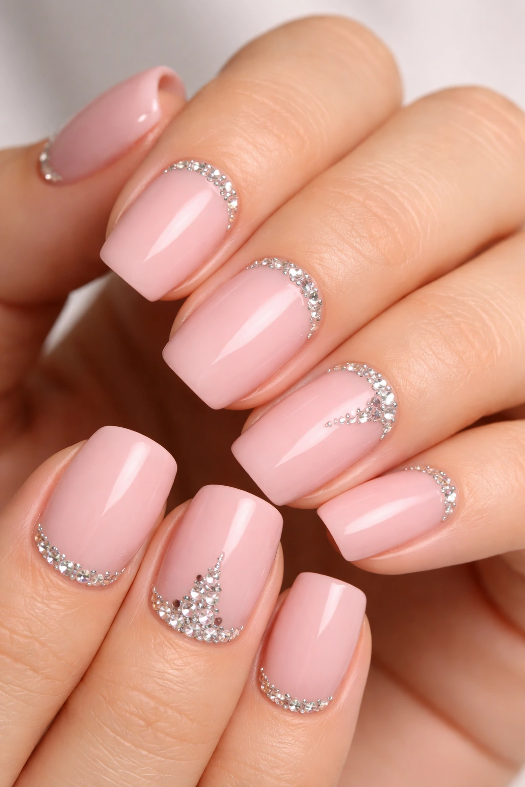 Close-up of blush pink nails with rhinestones along the cuticle and an accent nail cluster.