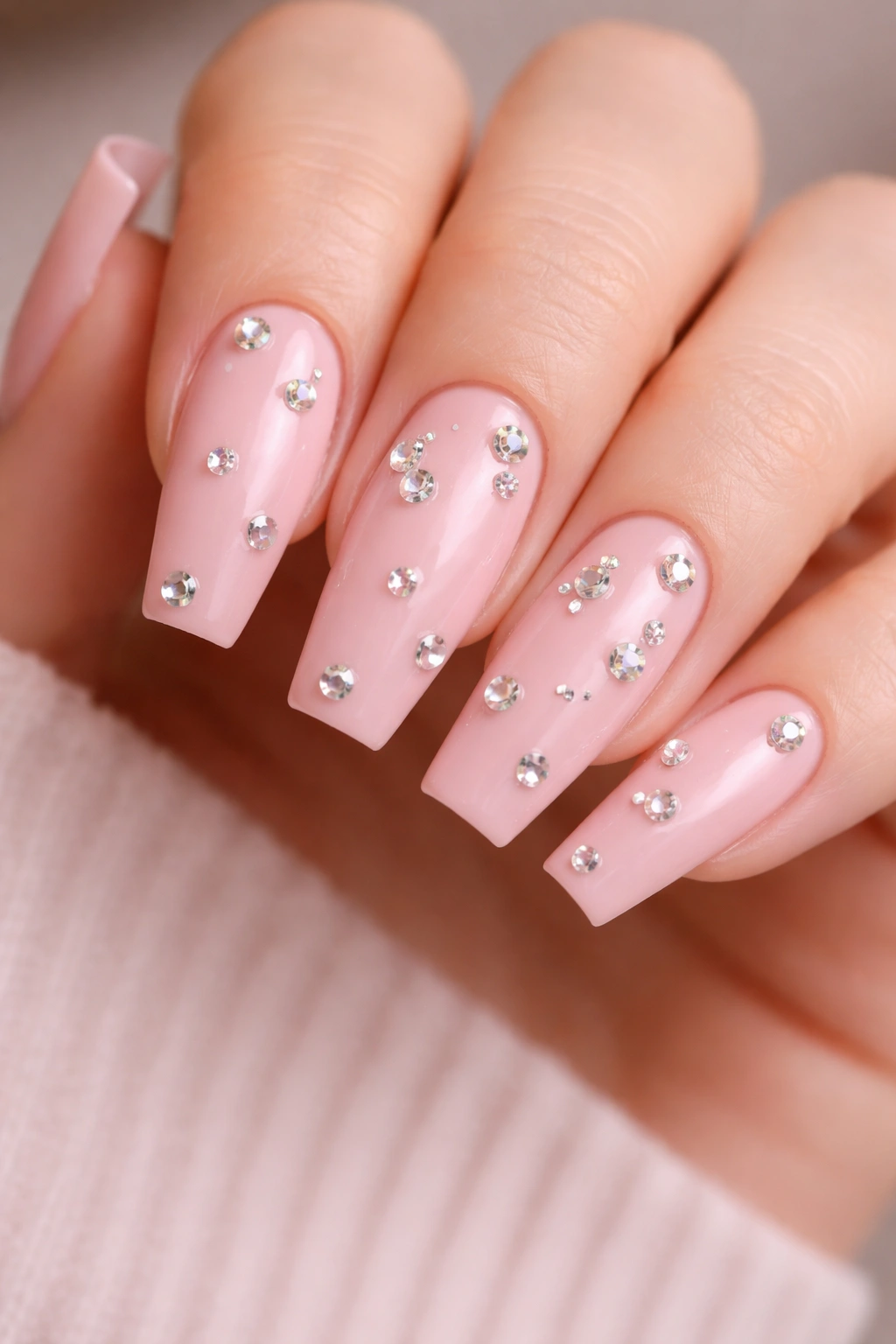 Blush pink coffin nails with scattered diamond rhinestones
