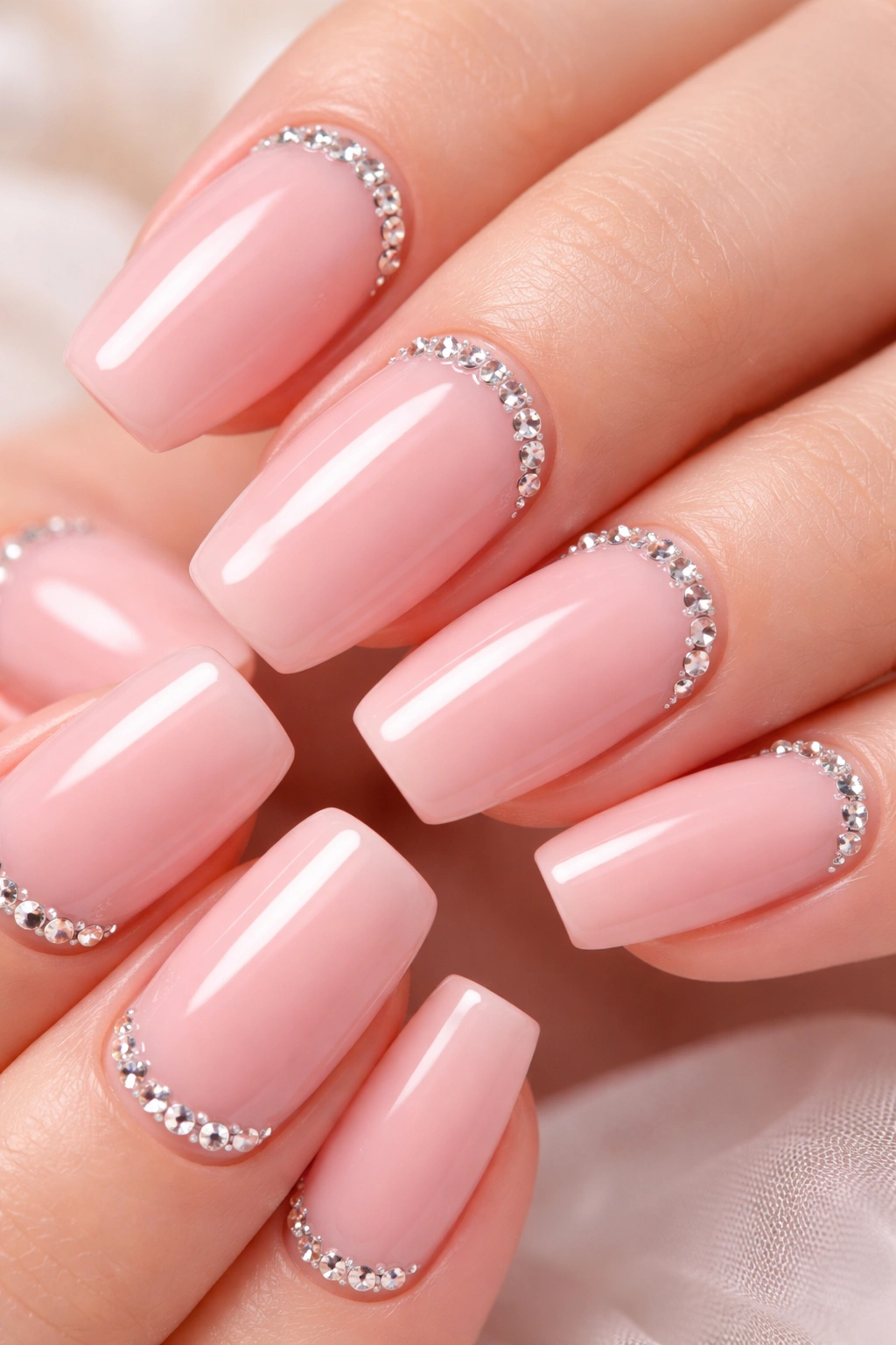 Close-up of blush pink nails with rhinestones along the cuticle line