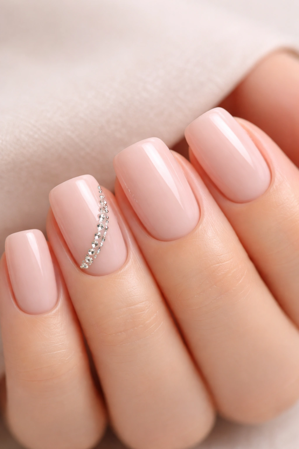 Close-up of blush pink nails with rhinestone accent on one nail