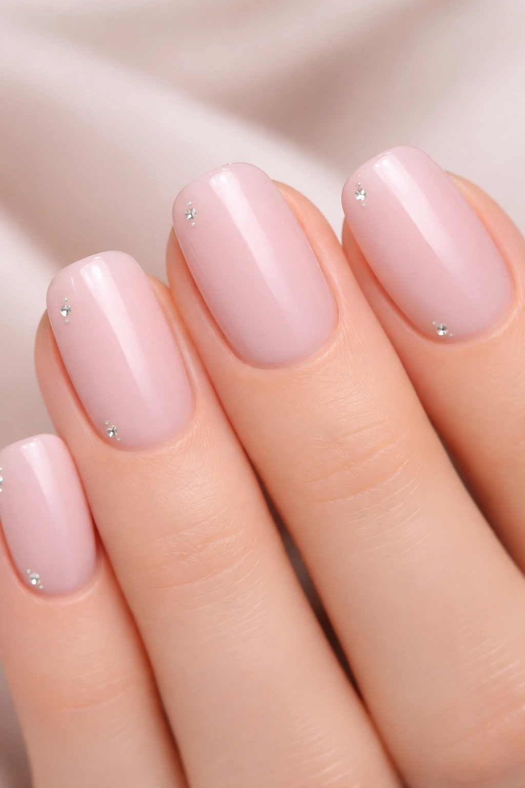 Blush pink nails with tiny rhinestones on short squoval nails