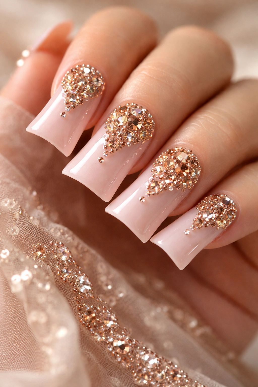 Macro shot of blush pink nails with rose gold and champagne rhinestones