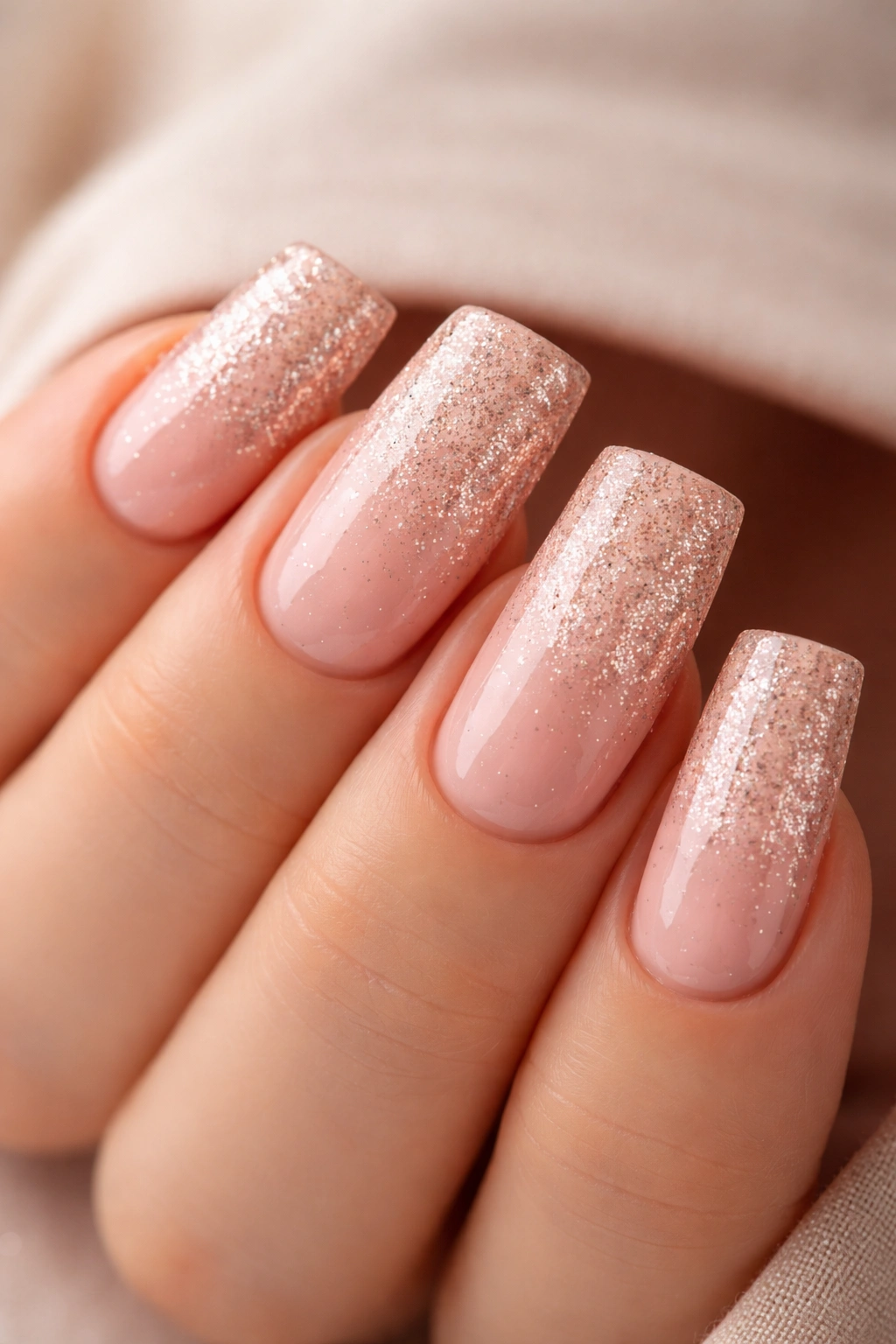 Duck nails with blush pink base and fine rose gold glitter evenly spread