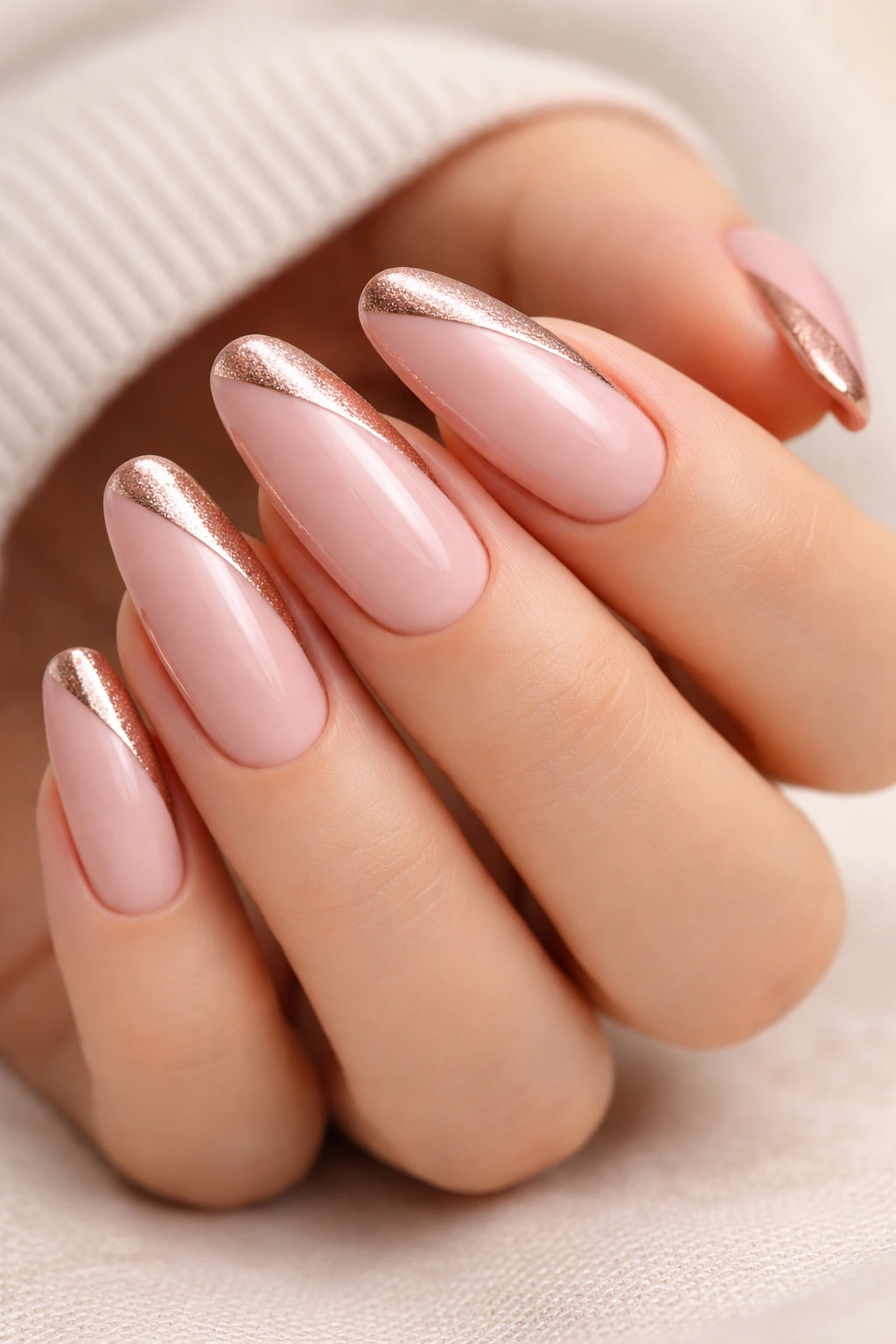 Nails with blush pink base and thick rose gold side stripe.