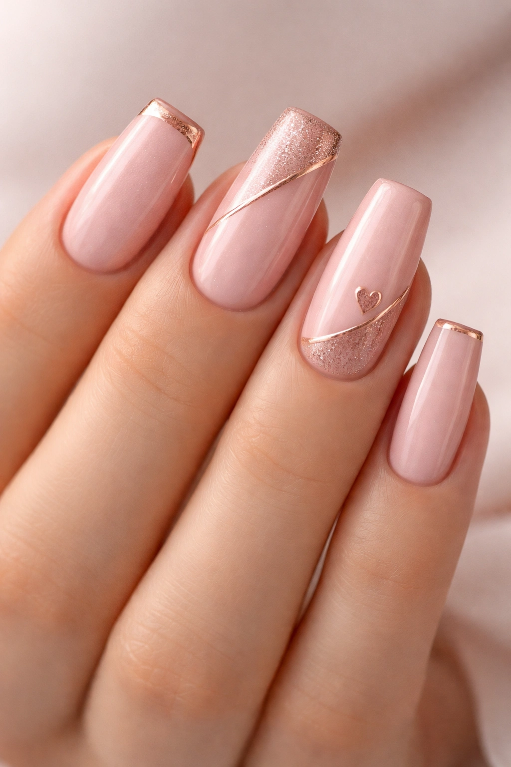 Close-up of blush pink nails with rose gold detailing on tapered soft square nails