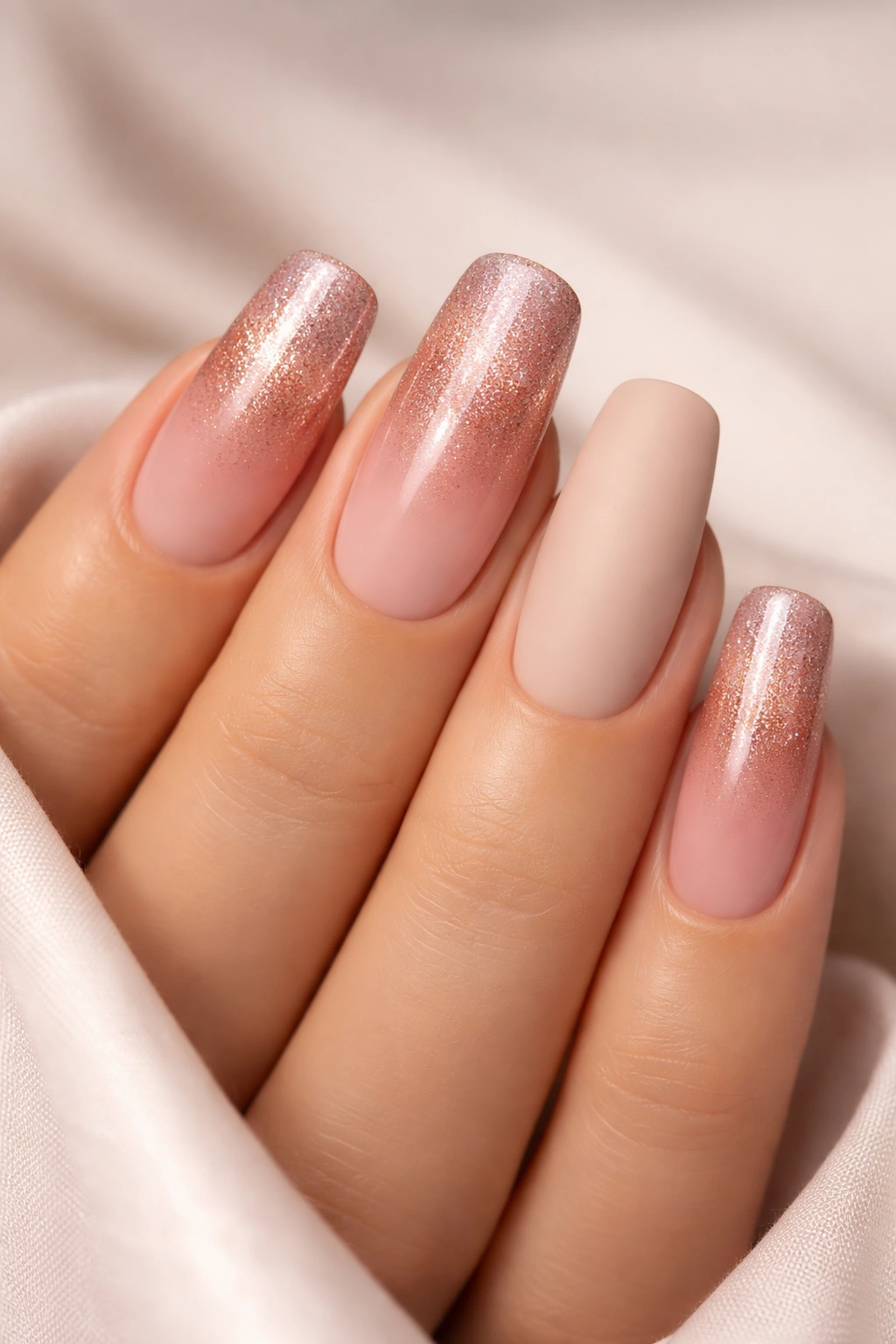 Close-up of long squoval nails with blush pink to rose gold ombre and a matte nude accent nail