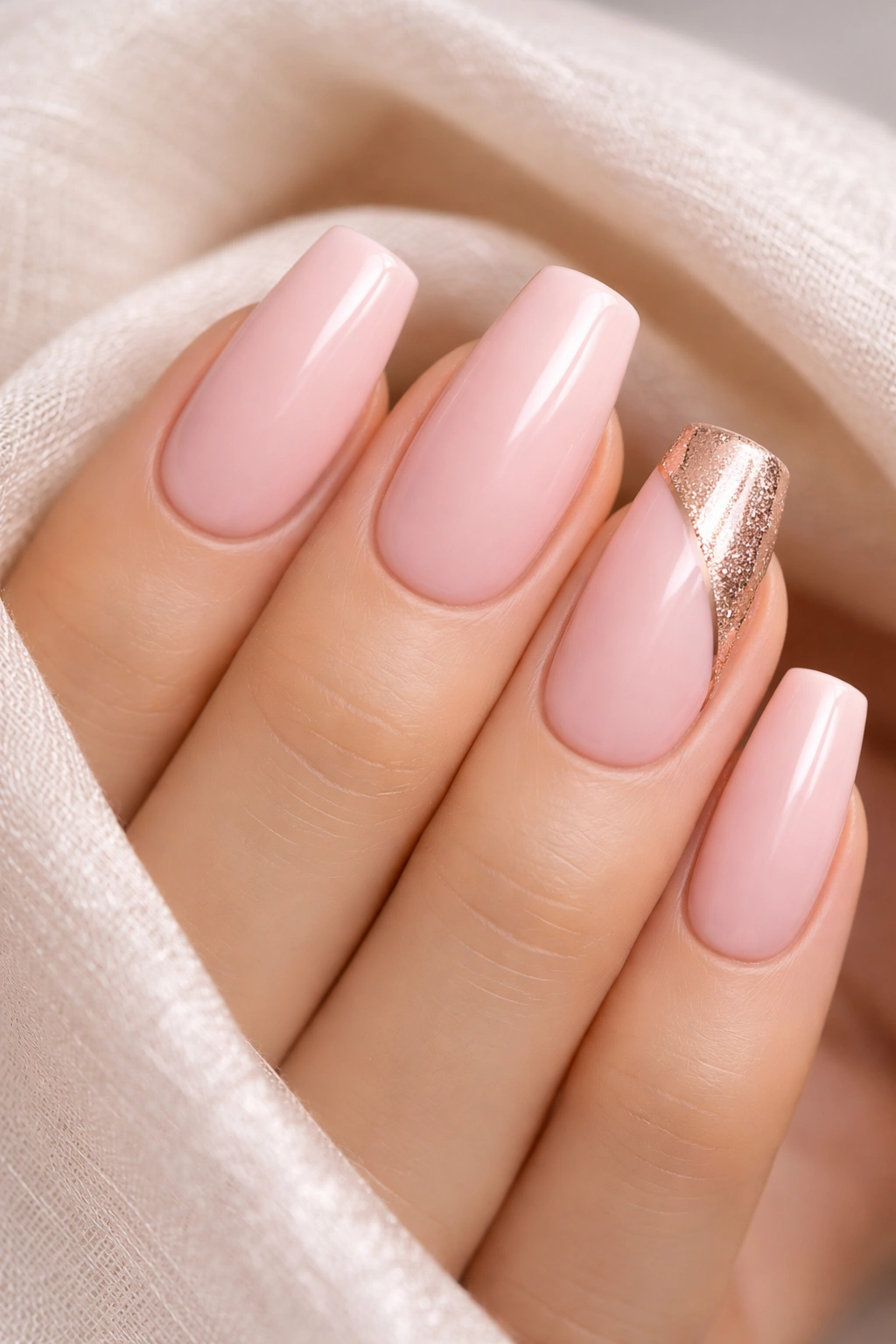 Blush pink nails with rose gold accent nail design on long squoval nails