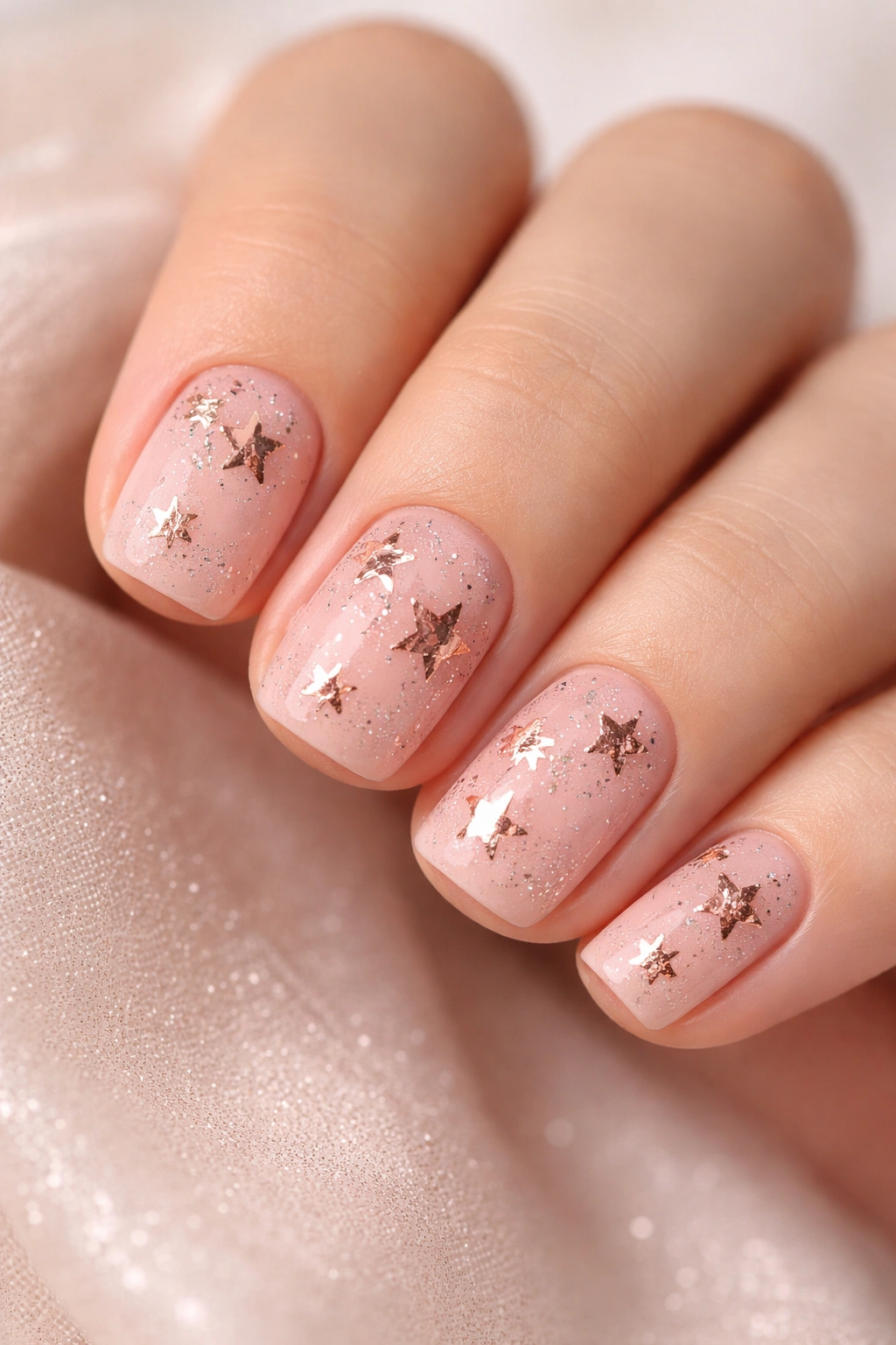 Close-up of blush pink nails with rose gold star accents.