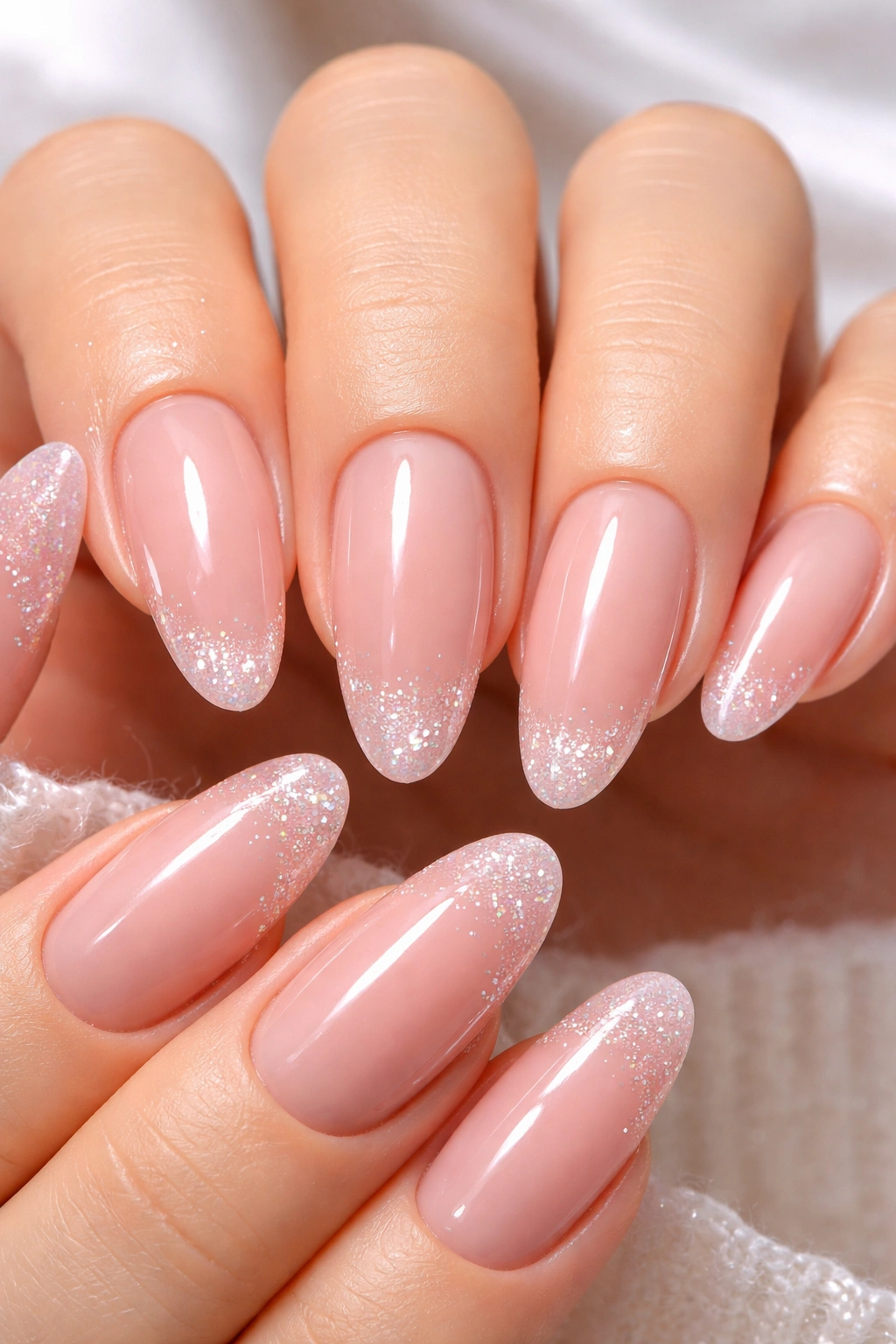 Close-up of long oval nails with sheer blush pink tips and sparkle