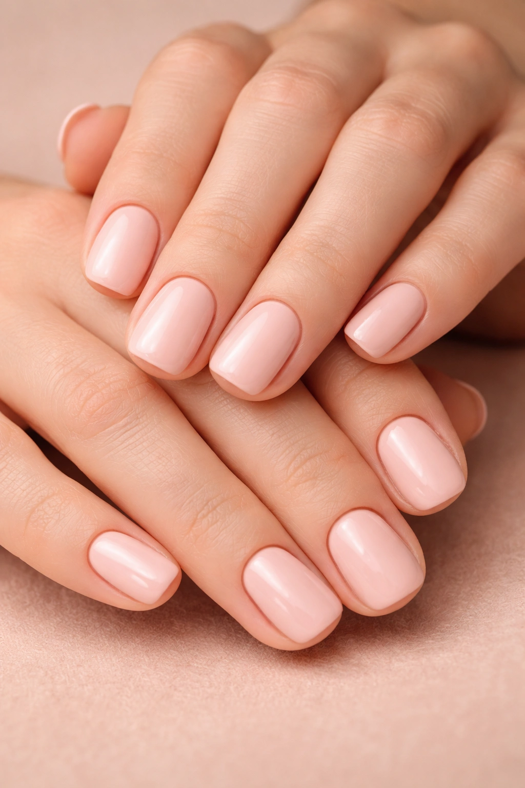 Close-up of hands with soft blush pink squoval nails on a neutral background