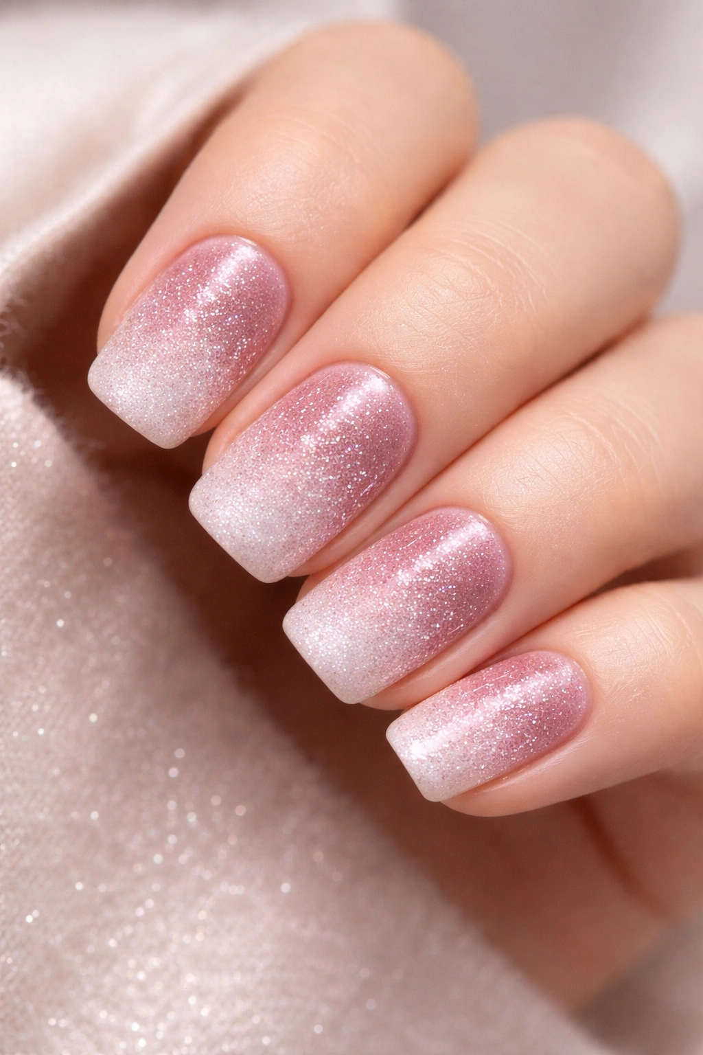 Close-up blush pink velvet nails with glitter gradient fade