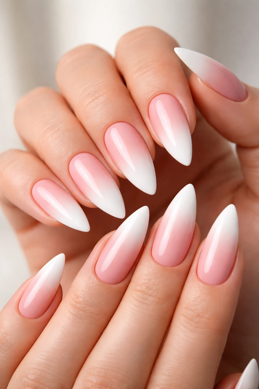 Close-up of medium stiletto nails with blush pink to white ombre