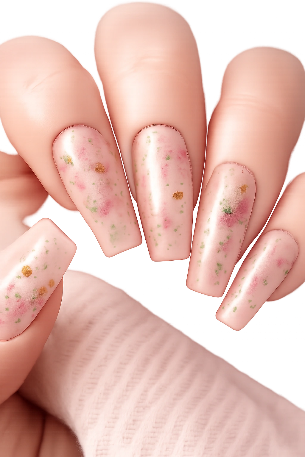 Coffin nails with soft blush and pressed flowers under clear topcoat