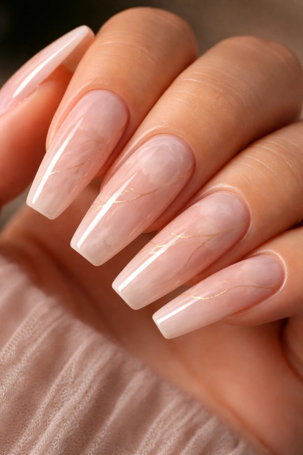 Close-up of blush quartz nails with honey veining