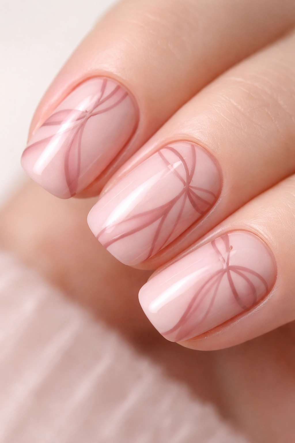 Close-up of short squoval nails with blush base and ribbon pattern