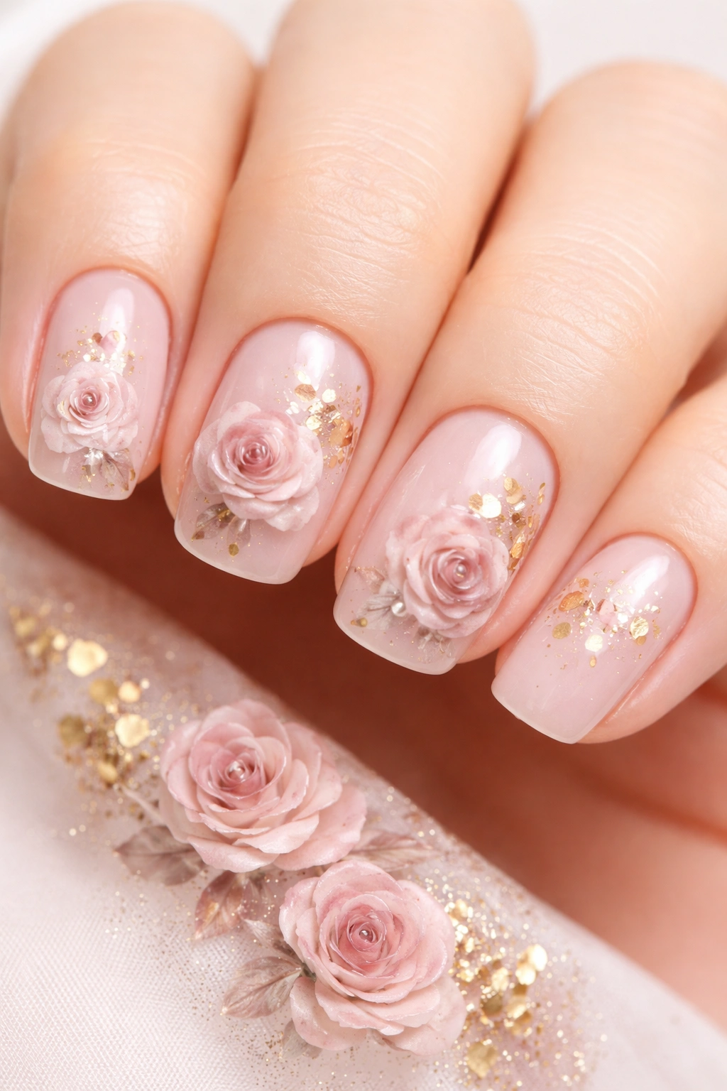Short squoval nails with blush roses and gold leaf accents
