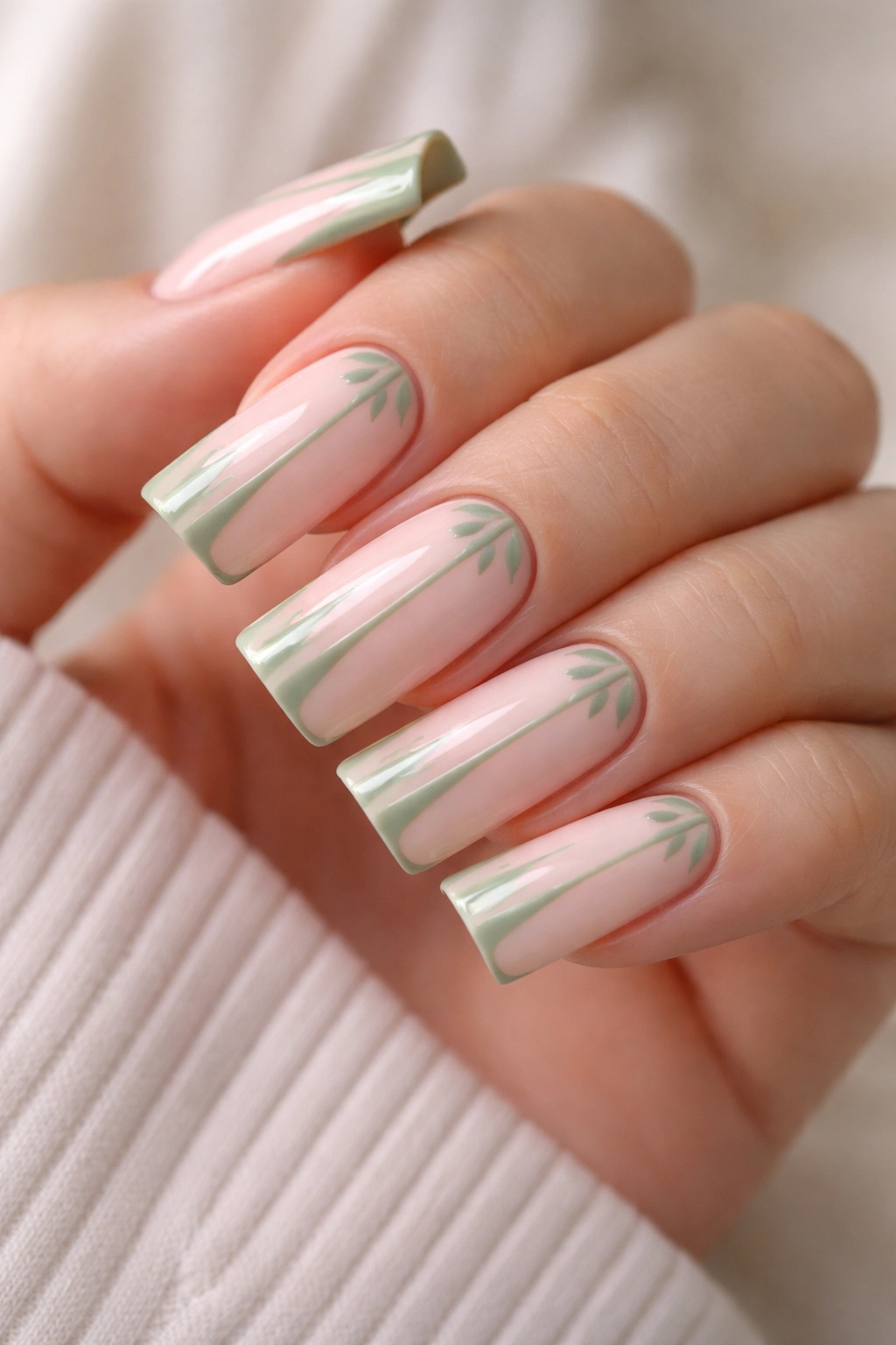 Close-up of duck nails with blush pink base and sage green accents