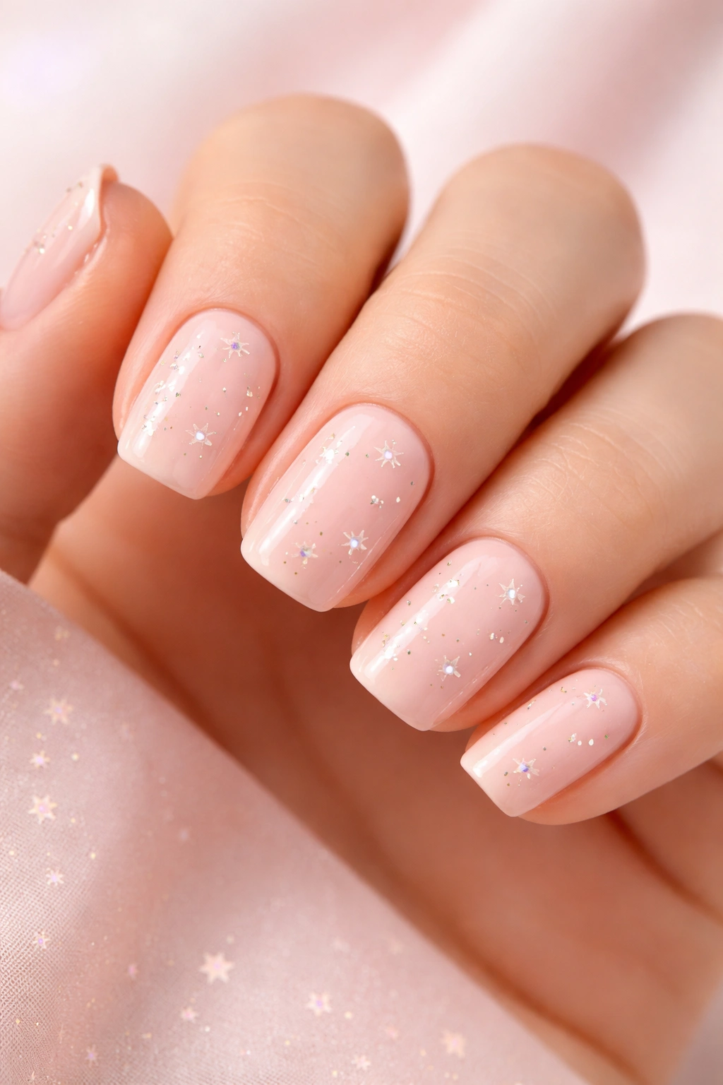 Close-up of blush pink squoval nails with tiny scattered stars