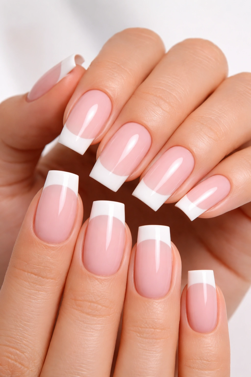 Close-up of hands with blush pink nails and white tips