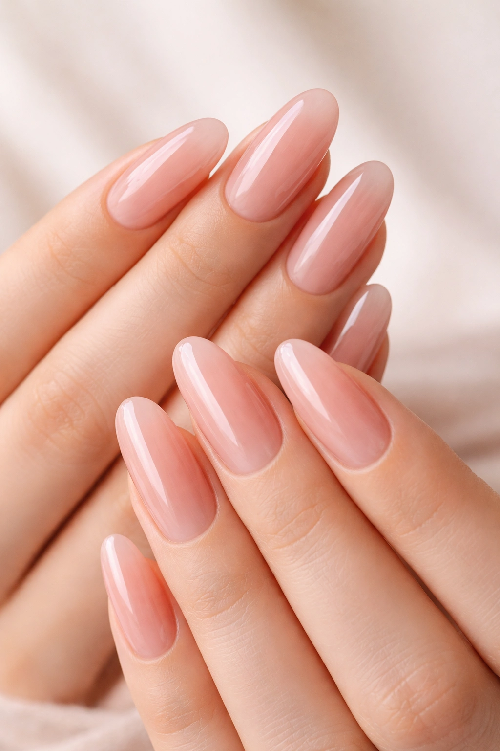 Blushed pink glass nails close-up on oval nails in soft studio light