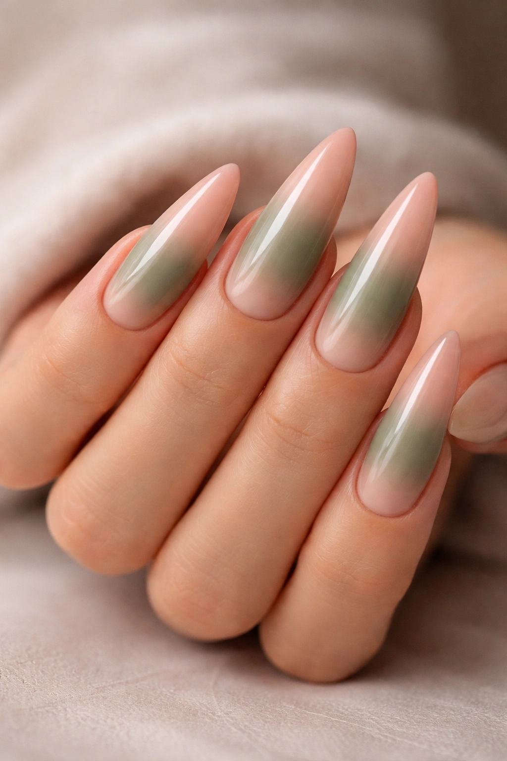 Three-color ombre nails blush pink to sage green to nude tips