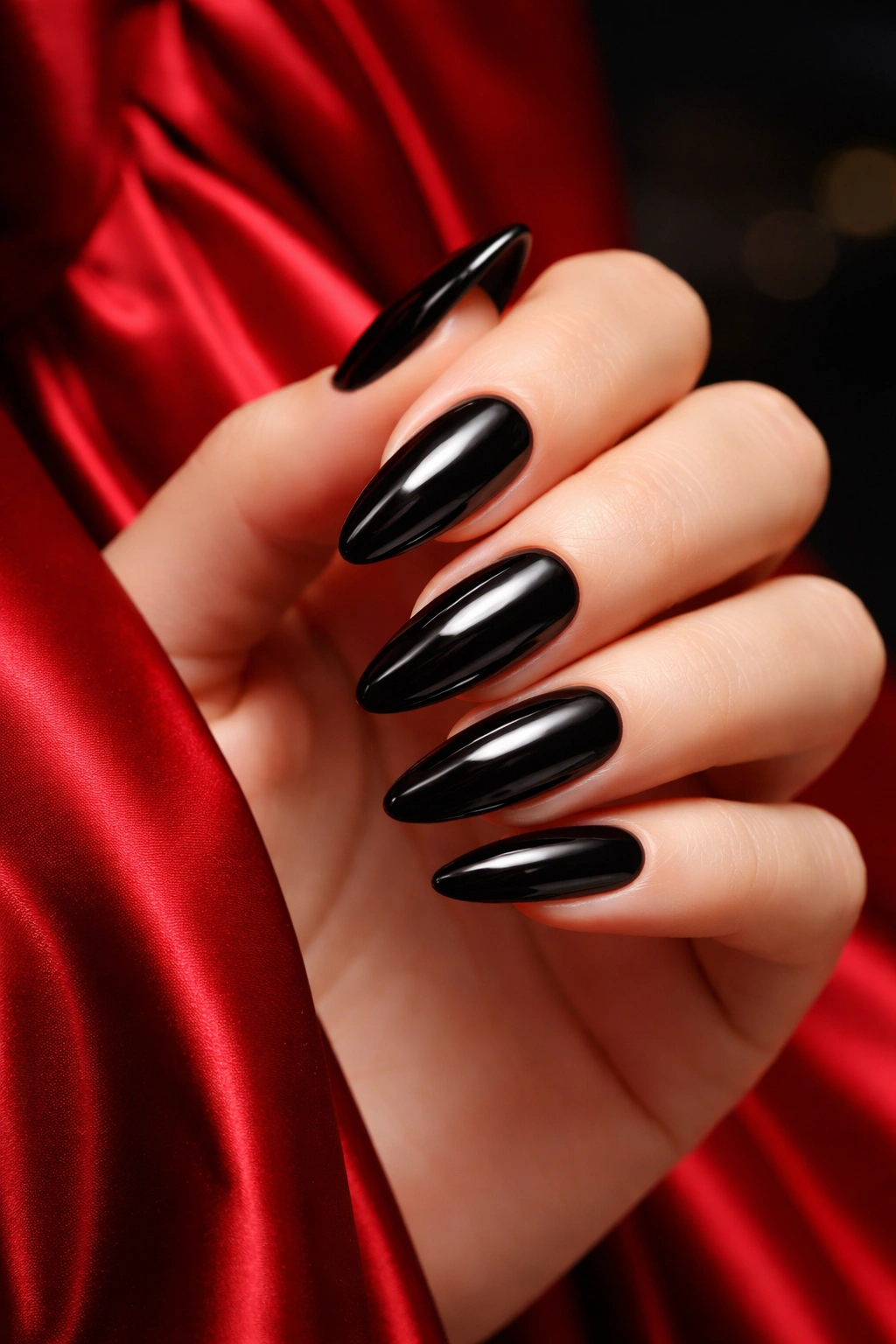 Hand with black nails against red dress