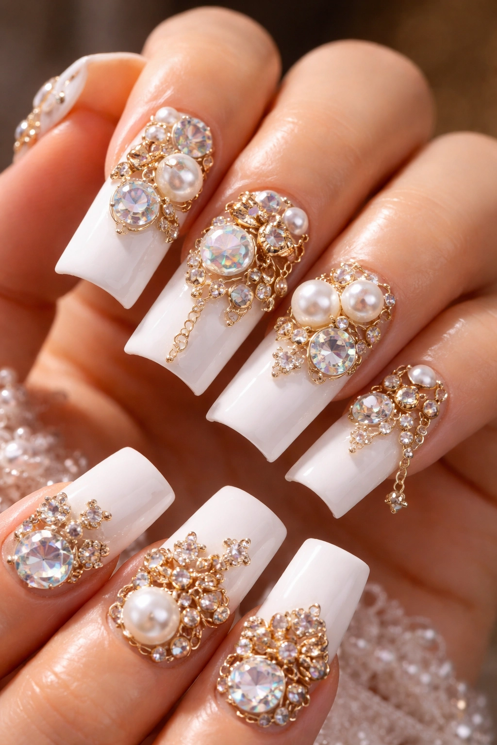 Close-up of Bold Statement Charm Cluster White Duck Nails with multiple charms on white nails.