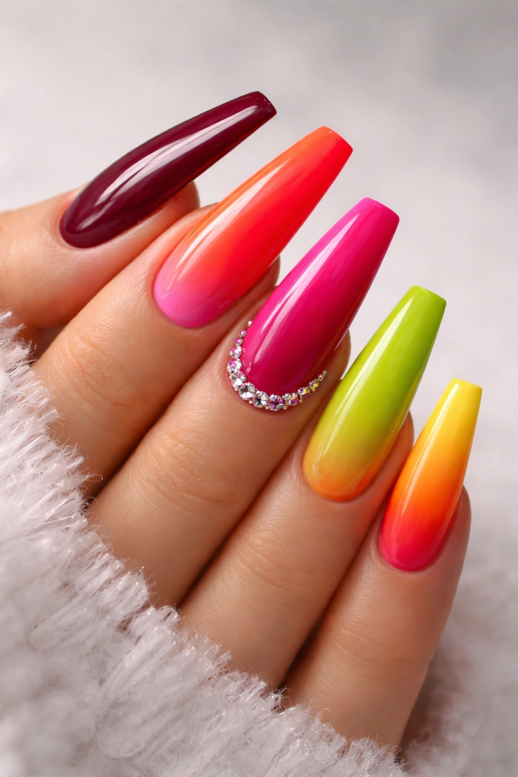 Coffin nails in bold burgundy and neon colors on a hand