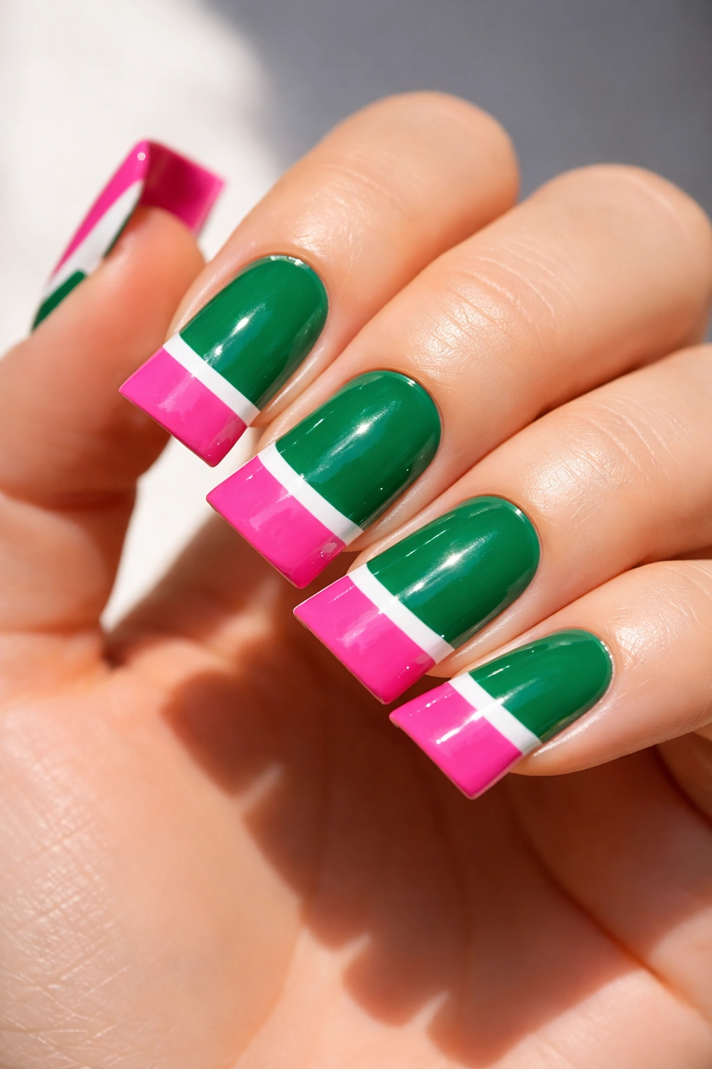 Duck nails featuring bold color-blocked designs with sharp color divisions.