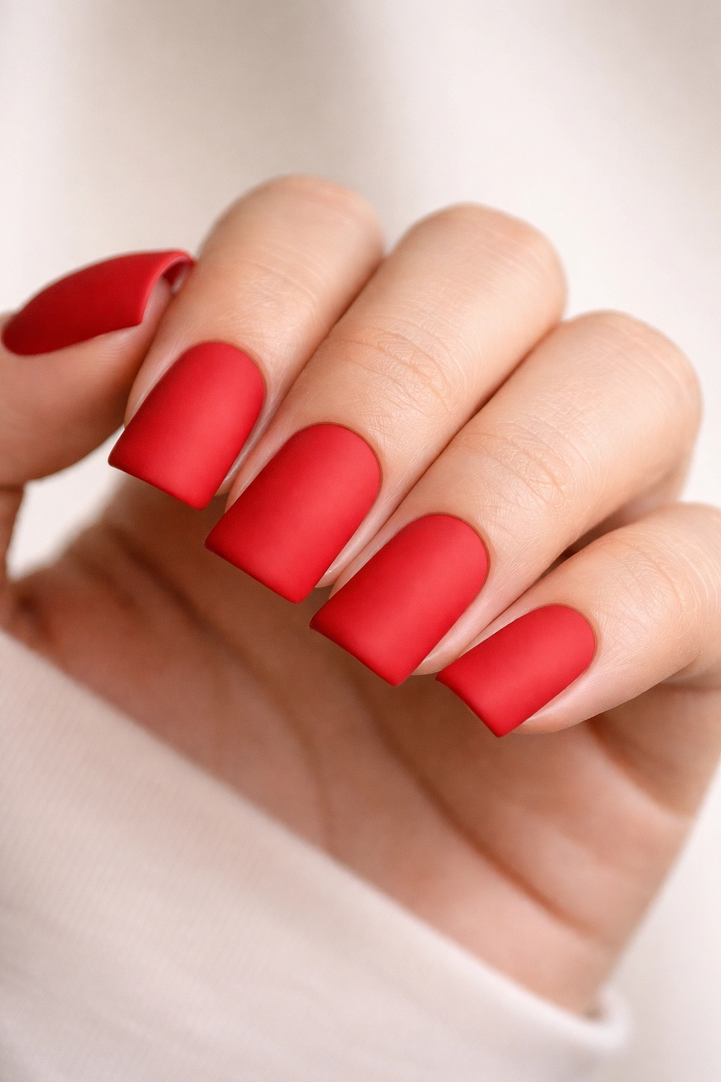 Close-up of short duck nails in bold matte red with no embellishments