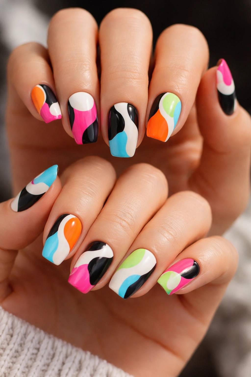 Close-up of hands with bold graphic nails in black, white, and neon colors