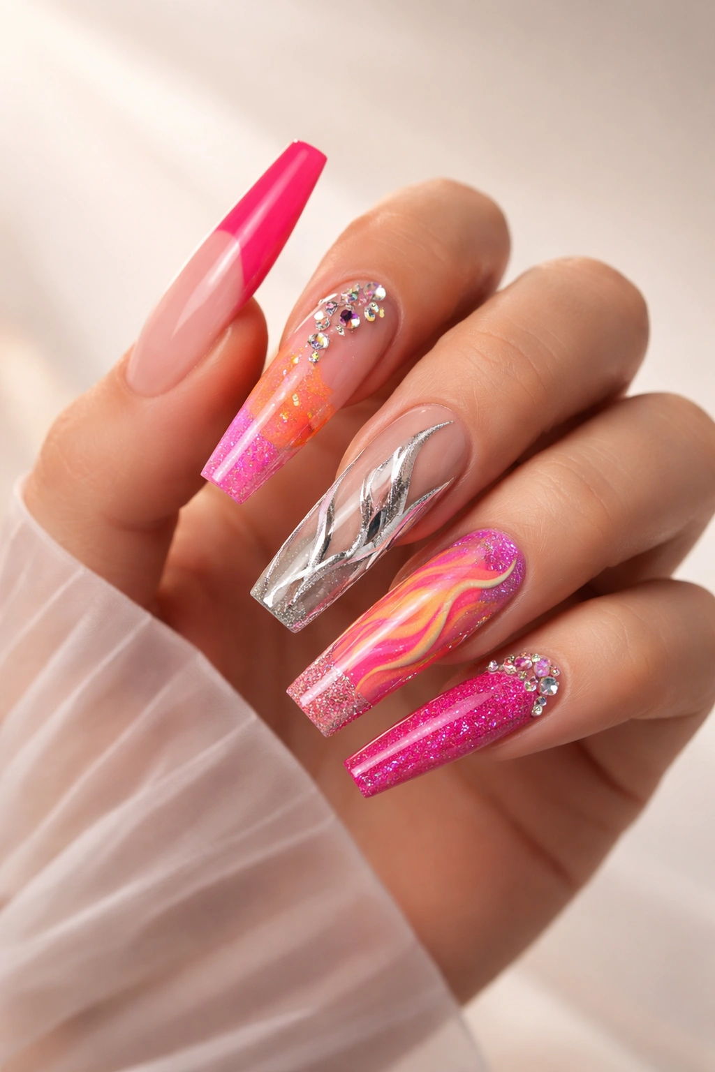 Close-up of a hand with long acrylic nails showing bold nail art