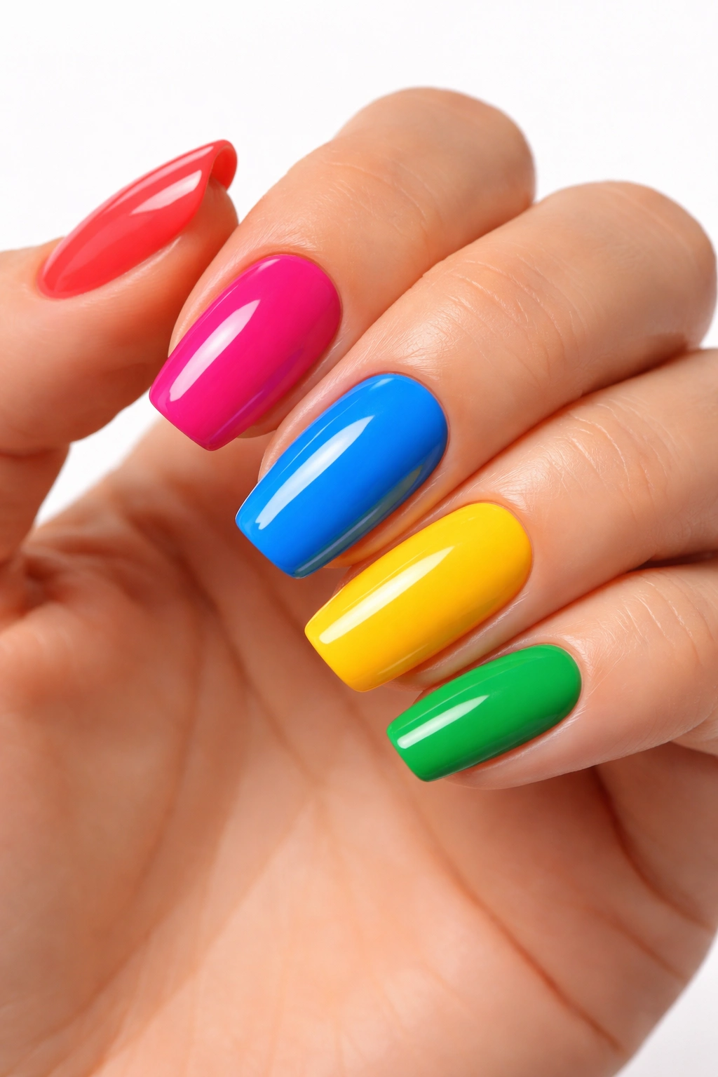 Close-up of nails in five bold solid colors: coral, pink, blue, yellow, green